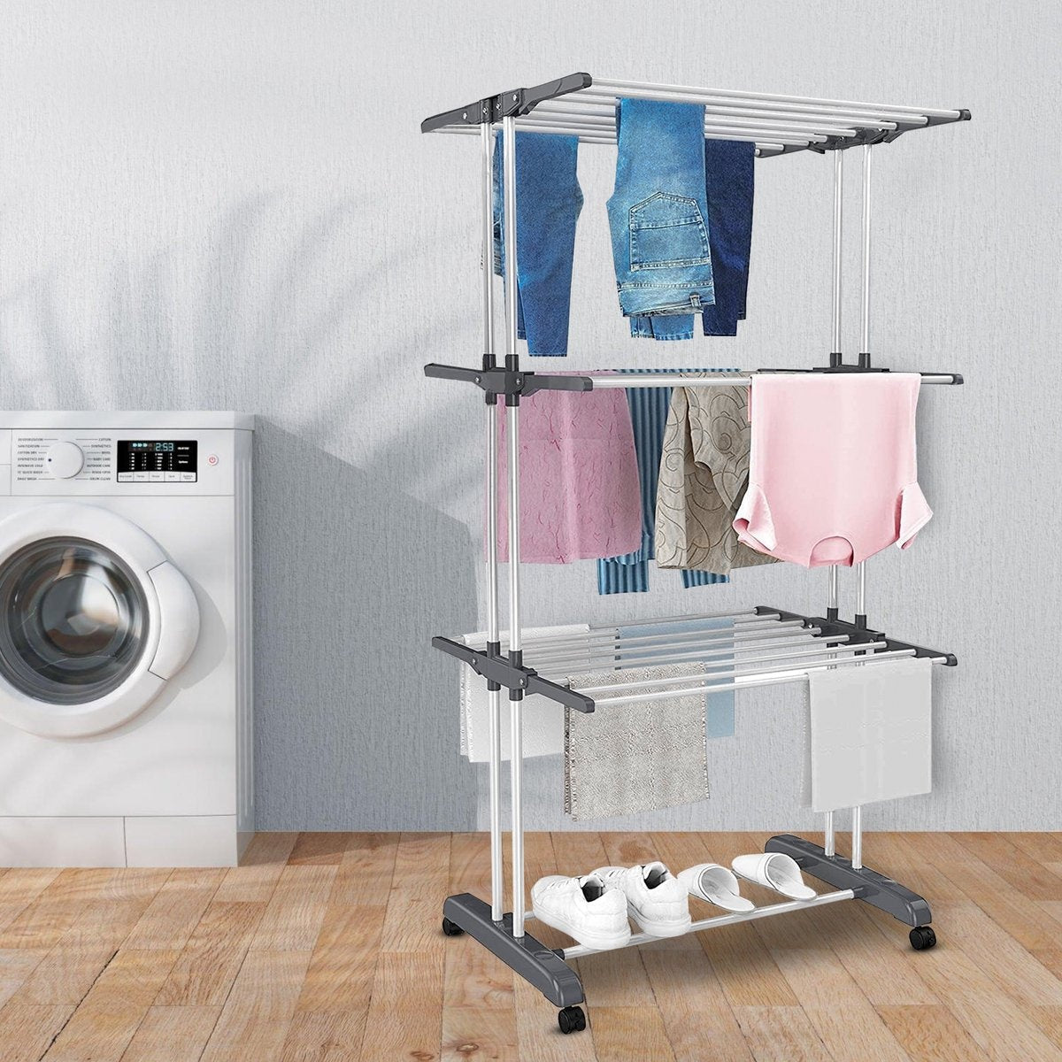 Vonia Droogtoren - Droogrek - Wasrek - Wastoren - 3 Lagen - Inklapbaar - 72x50x172 cm - Grijs