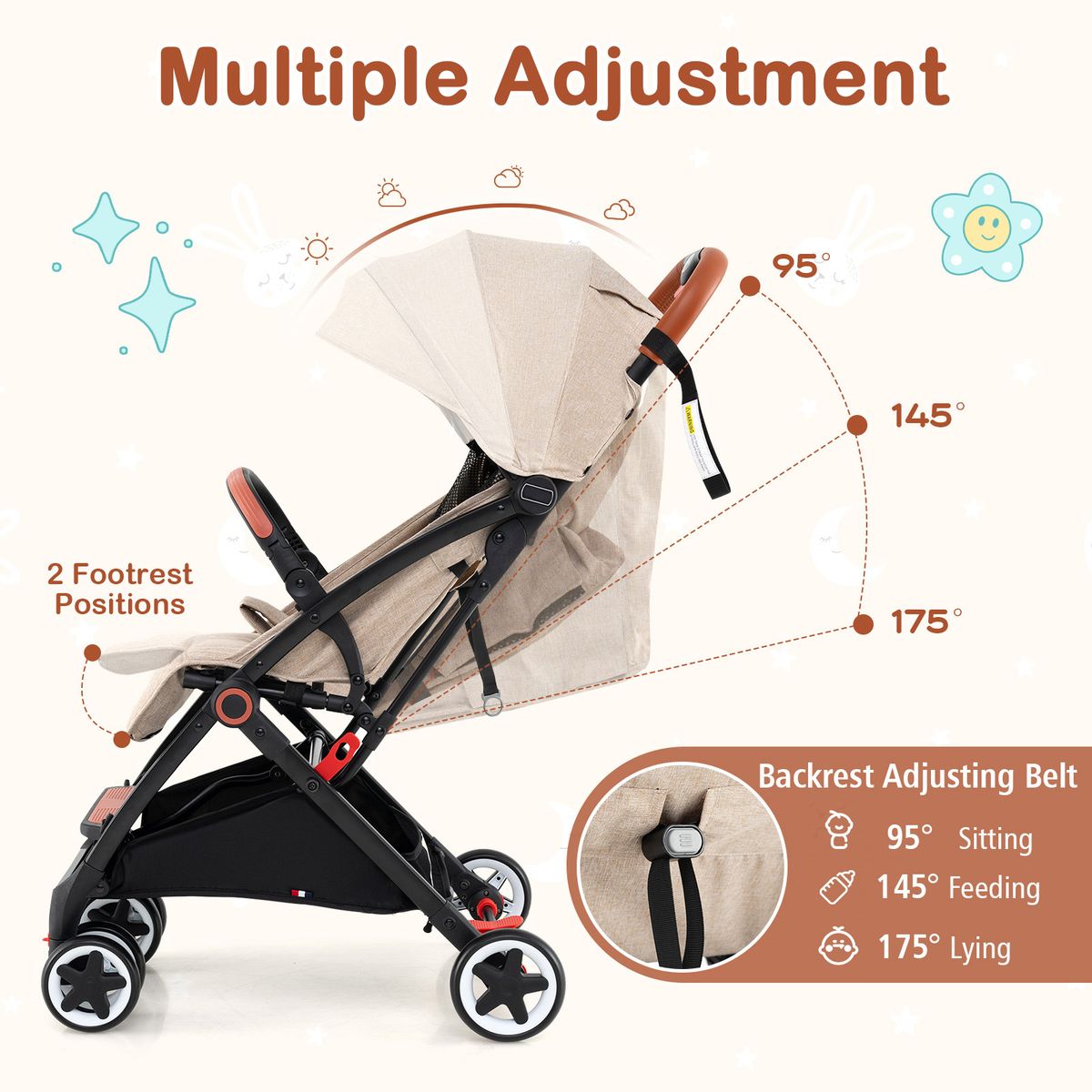 Coast Opvouwbare Kinderwagen - verstelbare rugleuning en voetensteun - schokdempende wielen - beige