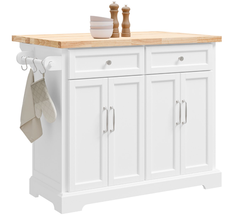 SoBuy – Keukeneiland & Keukentrolley FKW71-WN – 115x71x93 cm – Wit & Natuur Rubberwood – Uitbreidbaar Werkblad & Opbergkast – Verrijdbaar Keukenblok op Wielen – FKW71-WN