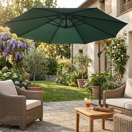 AXI Dion Zweefparasol Ø 300cm Eikenlook/groen – Gepoedercoat frame met kruisvoet