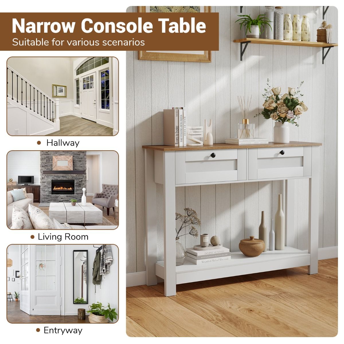 Coast Console Tafel - 2 lades - 2 niveaus - smal - wit en naturel