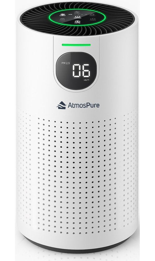 AtmosPure® CleanAir Luchtreiniger - Air Purifier met vervangbaar HEPA 13 + Koolstoffilter - CADR 250 m³/u - Wit - Voor 97 m² - Werkt tegen huisstofmijt, hooikoorts, allergieën, -3 standen + stille slaapstand - Luchtkwaliteit Sensor