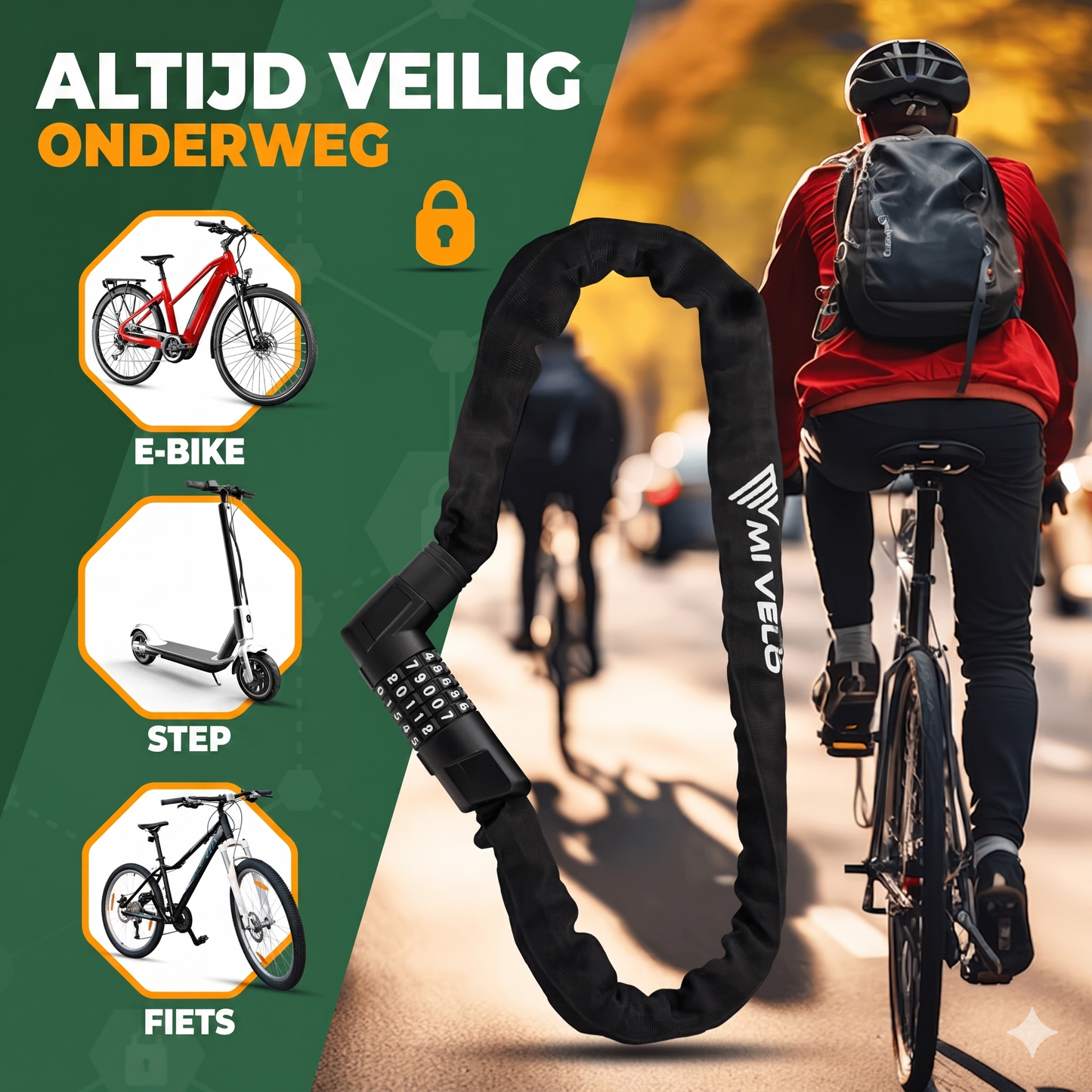 MIVELO Fietskettingslot met Cijfercode – 100 cm – Carbonstaal – Waterbestendig – Zwart