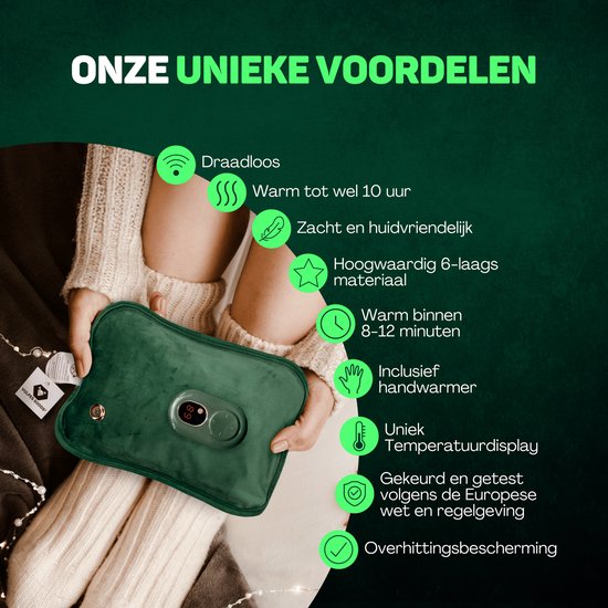 Vulpes Goods® - Elektrische Kruik - Zacht Groen Flanel - Digitaal Display - Draadloos & Energiezuinig - Incl. HandwarmerTegen Menstruatieklachten & Spierpijn - Warmtekruik voor in Bed