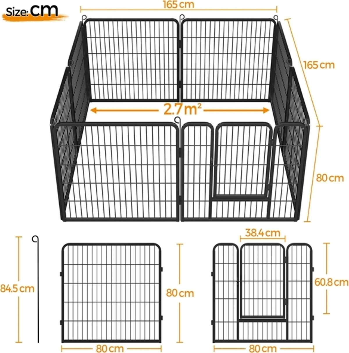Yaheetech Opvouwbare Hondenren & Puppyren 8-Delig Met Deur En Grondpennen 80 cm Hoog – Zwart – Metaal