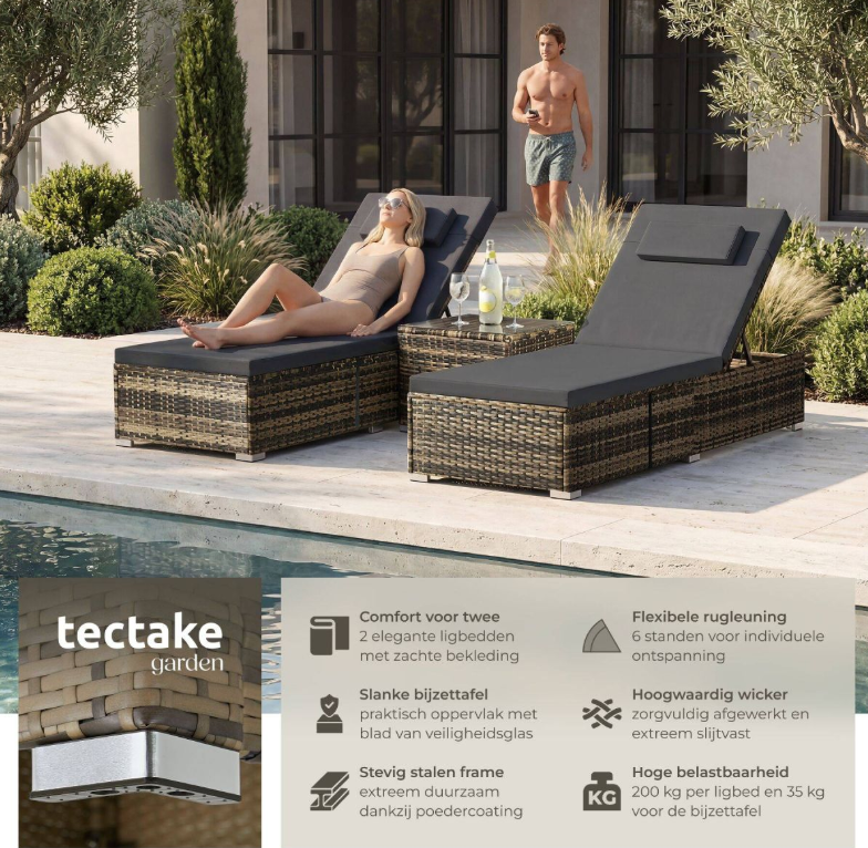 Tectake Wicker Tweepersoons Ligbed Carbonera - Natuur - 62 x 196 x 36 cm - Set van 2, met Bijzettafel