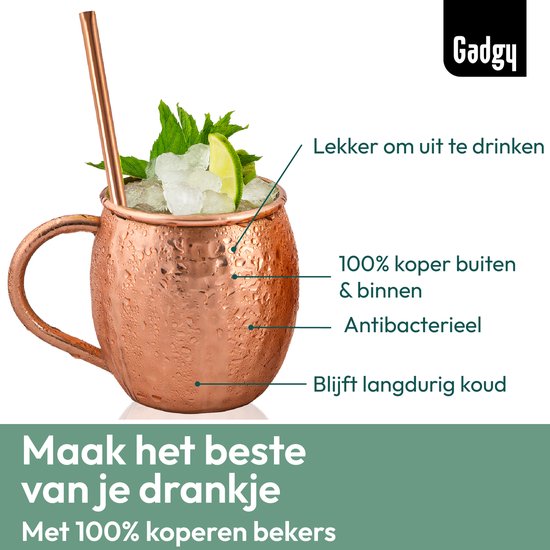Gadgy Moscow Mule Bekers 4-delige Set - 100% Koper - Cocktailset : 4 Cocktailglazen, 4 Rietjes & 1 Barmaatje - Cadeau voor Vrouw en Man