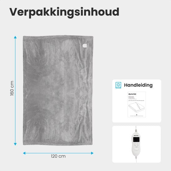 Auronic Elektrische Deken - Warmtedeken - 9 Warmtestanden - 1 Persoons - 160x120cm - Licht Grijs