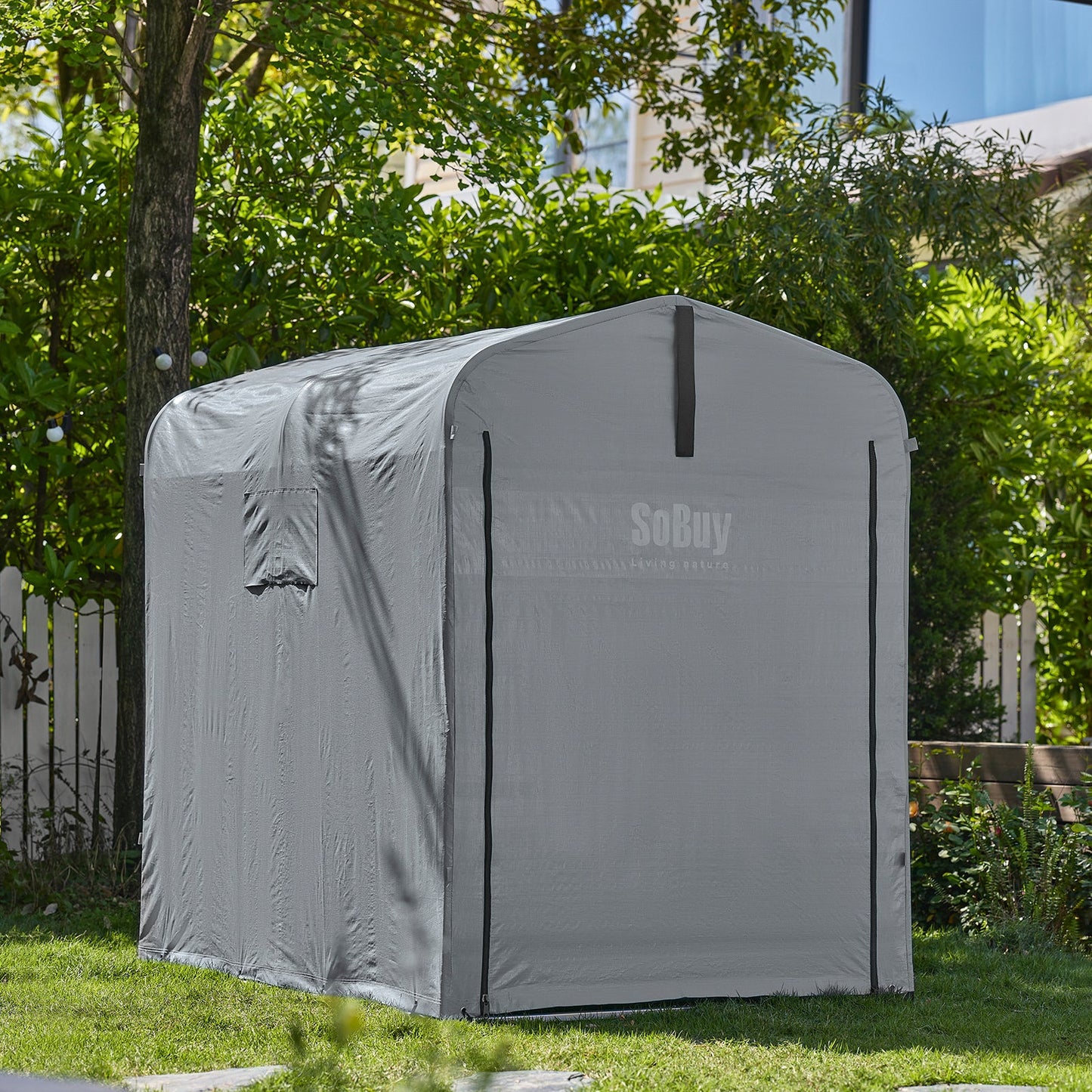 sobuy Tuinhuis voor buiten – waterdicht motorhuis met haken – fietsschuur & gereedschapopslag – grijs – 120 × 176 × 163 cm