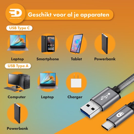 Drivv. USB naar USB C Kabel - Snellader - USB C Data en Oplaadkabel - 5 meter - Geschikt voor Samsung, iPhone 15 & Meer - Space Grey
