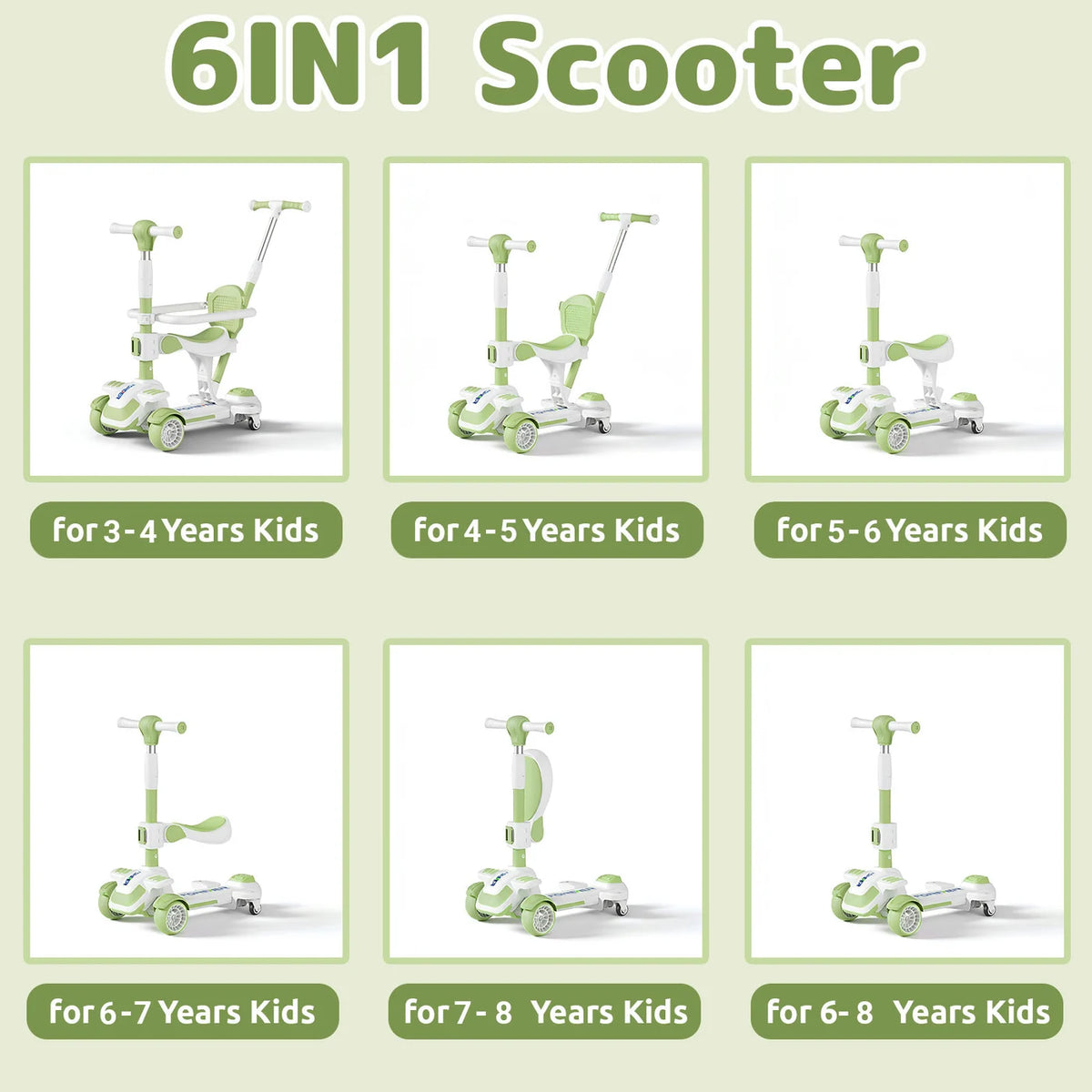 Neuleb 6-in-1 Kinderstep 4 Wielen - Groen - 3-8 Jaar, Draaibare Zitting, Tot 100 kg