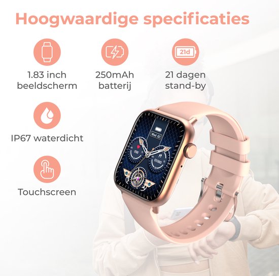 Nuvance - Smartwatch Heren & Dames met Bluetooth - 45mm - Geschikt voor alle Smartphones - Stappenteller en Hartslagmeter - Waterdicht - Lichtroze