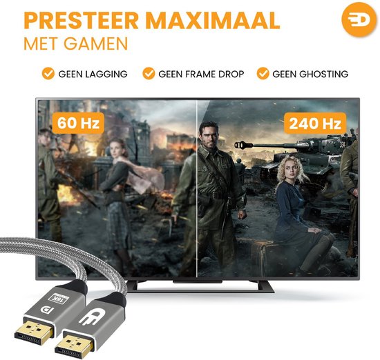 Drivv. DisplayPort Kabel 2.1 - 16K 60Hz - 8K 120Hz - 4K 144Hz - 80Gbps - DisplayPort naar DisplayPort - DP Kabel - 3 meter - Grijs