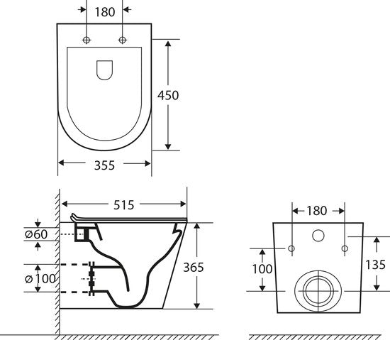 Wandtoilet Differnz Met PK Uitgang Rimless Inclusief Toiletbril Mat Zwart