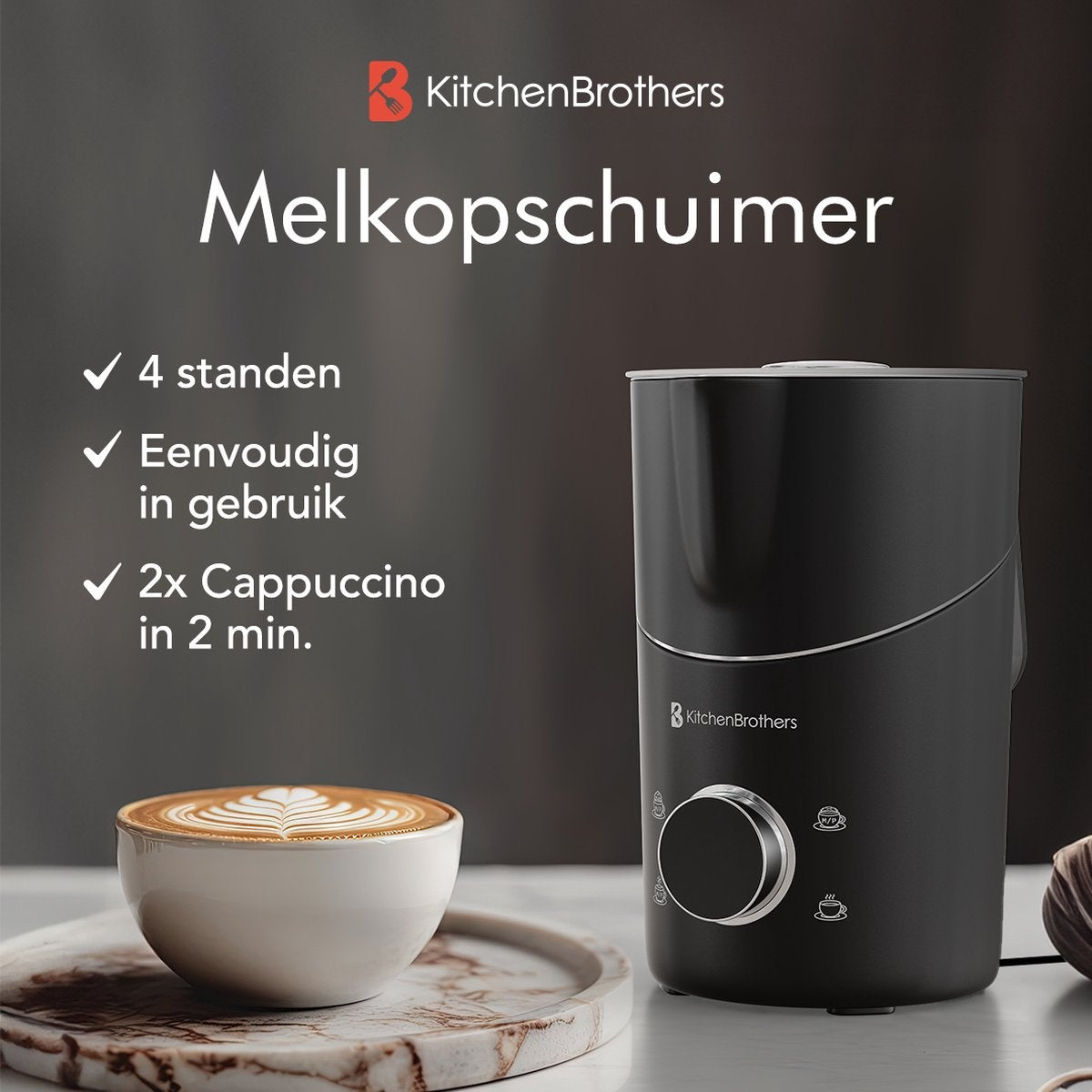 KitchenBrothers Elektrische Melkopschuimer - Vaatwasserbestendig - 4-in-1 - 400 ML - Voor 3 Cappuccino's - Zwart