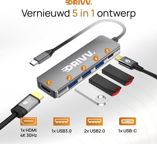 Premium USB C Hub 5 in 1 - HDMI 4K 30Hz - PD 100W - USB 3.0 - USB 20 - USB Splitter - Adapter - Space Grey