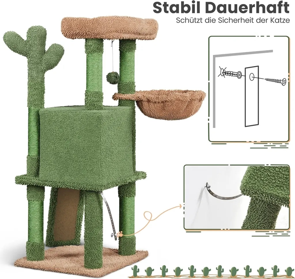 Yaheetech Kaktus Krabpaal XS 42,5 x 42,5 x 106,5 cm - Groen/Bruin - Kattenboom met Kattenhuis, Hangmand en Sisalpalen