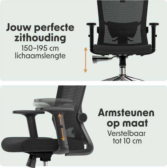 LifeGoods Ergonomische Bureaustoel - met Extra Anti-Kras Wielen - Office Chair - NEN- en SGS-gecertificeerd - Volwassenen - Hoofdsteun - Zwart/Chroom
