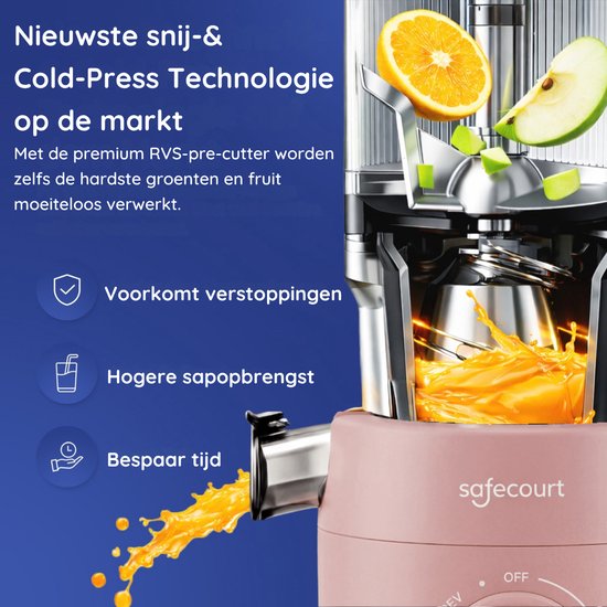 Safecourt Kitchen Slow Juicer - krachtige motor [Pre-cutter & Cold-press technologie] - eenvoudige reiniging - BPA-vrij - sapcentrifuge Roze