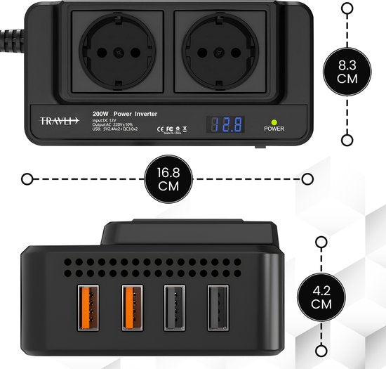 Travli Omvormer 12v 230v - Autolader - Draagbare omvormer - 2x 230V stopcontact – 4x 5V usb oplaadpoorten