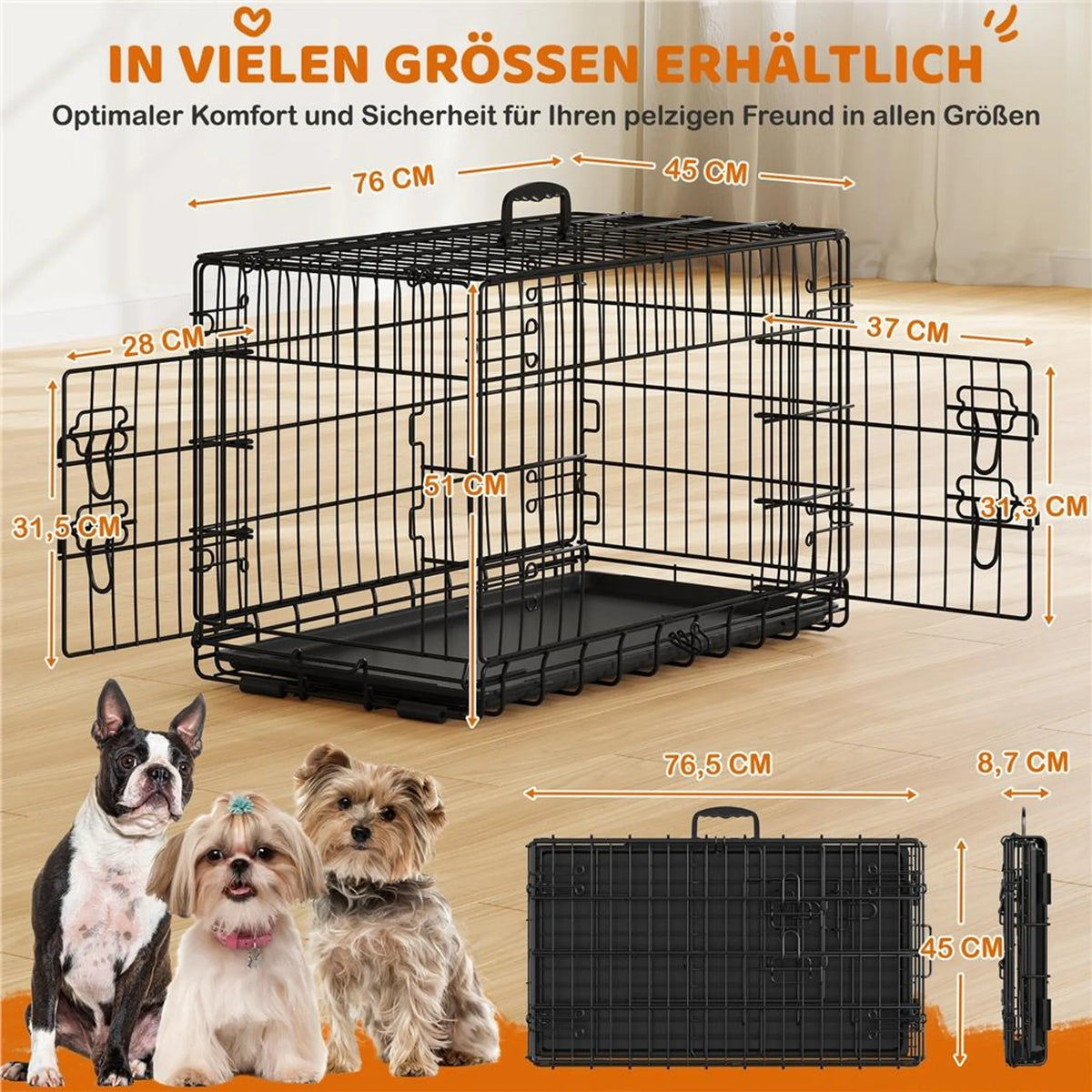 Yaheetech Hondenbench Opvouwbaar – 76 x 45 x 51 cm – Voorzien Van Tussenschot En Uitneembare Bodemplaat En Dubbele Deur – Voor Kleine Honden – Zwart Metaal En Kunststof