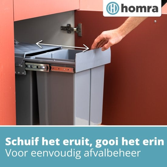 Homra Inbouwprullenbak – Uittrekbaar & Soft-Close – 2x20L – 34 x 48 x 41,5 cm – Grijs