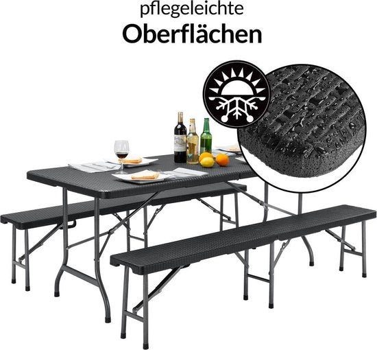 Casaria Picknickset – 2 Banken 1 Tafel Kunststof Metaal - Zwart