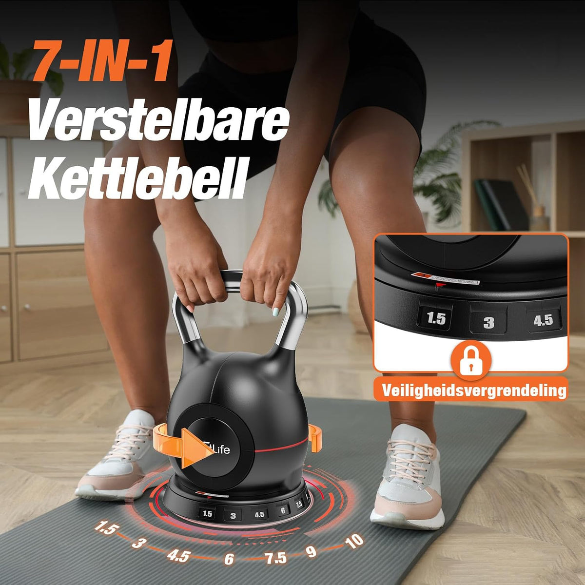 DH FitLife Verstelbare Kettlebell 7-in-1 - 1,5 tot 10 kg - 7 Gewichtsstanden - 20 x 20 x 30 cm - Zwart