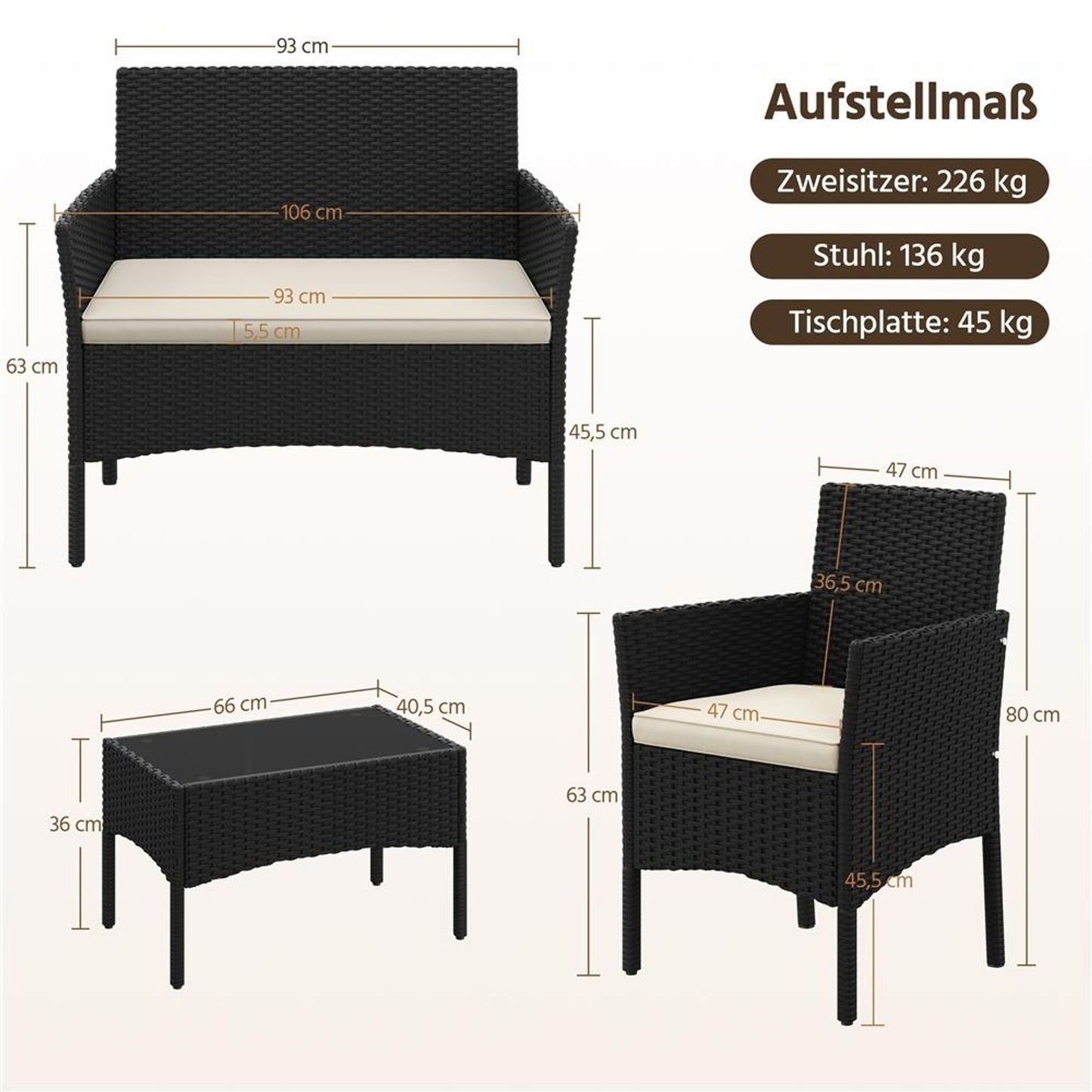 Yaheetech 4-delige Loungeset Rattan - Tafel, 2 Stoelen & 2-Zits Bank - Weerbestendige Kussens - Zwart & Beige - 106x58x80 cm