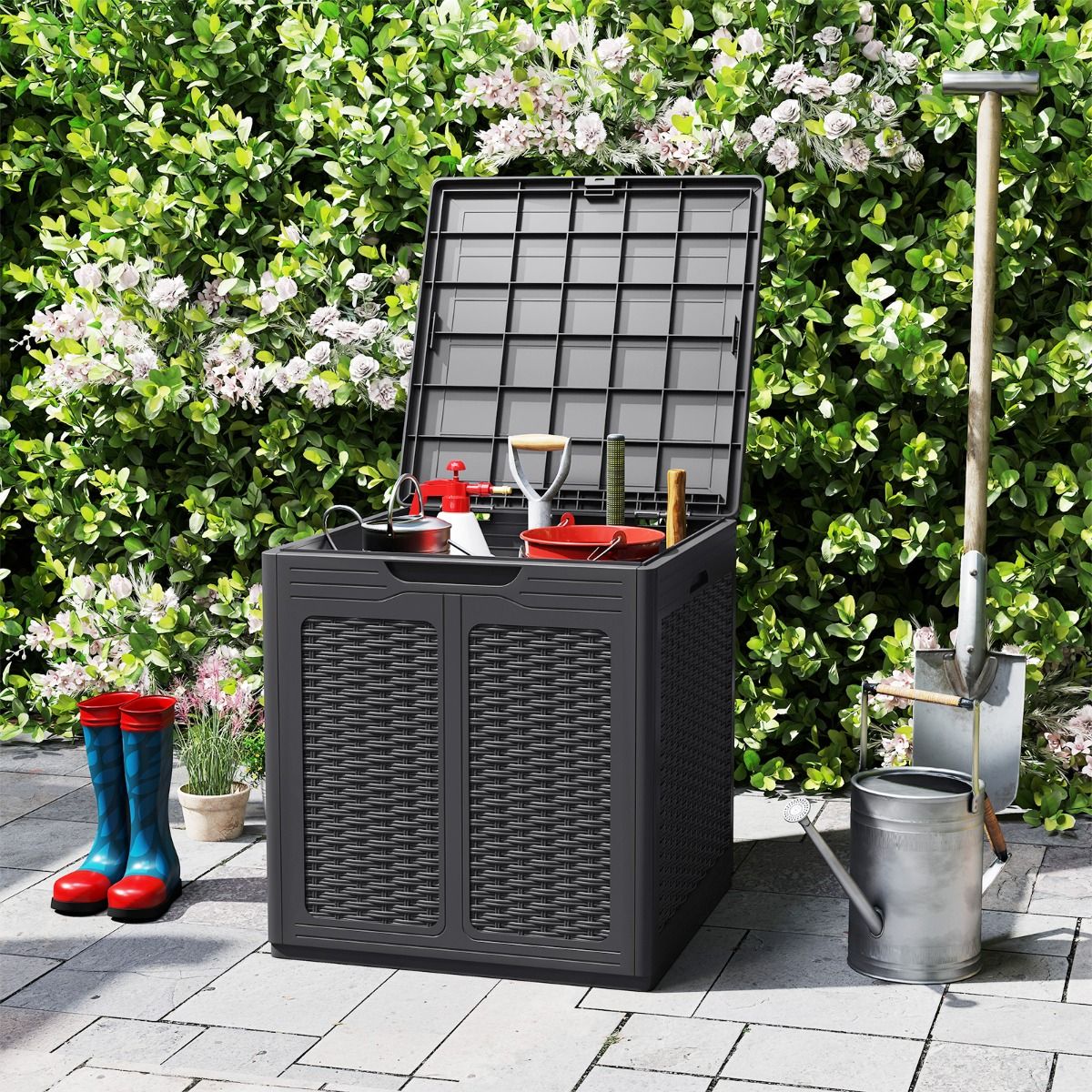 Coast Opbergbox met deksel - rattanlook - multifunctioneel - bruin/zwart - 145 liter