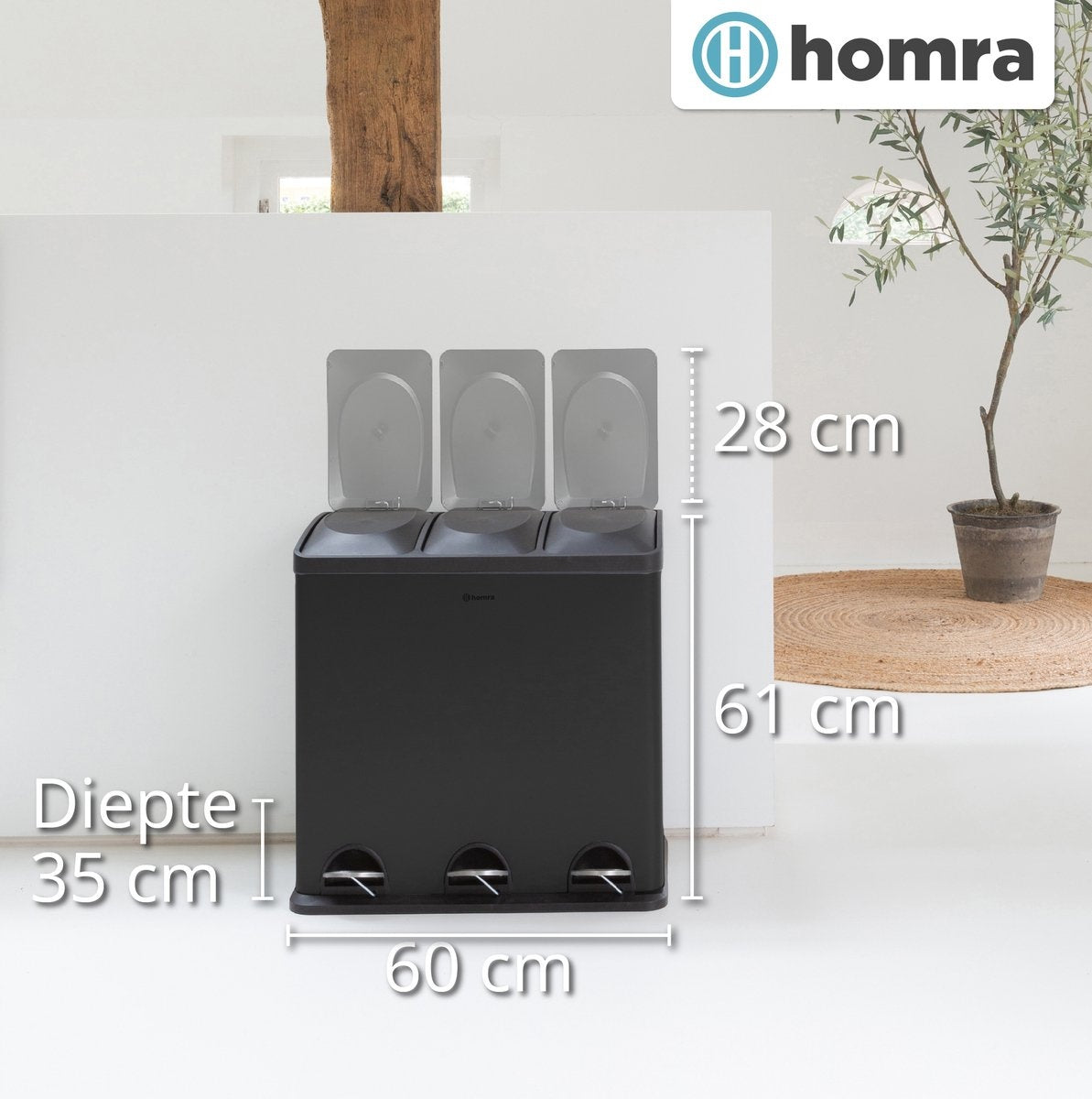 Homra Maxer Prullenbak Met 3 Vakken - 60L (3x20L) - 34 x 60.5 x 60.5 cm - Zwart