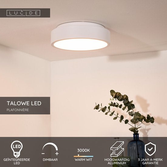 Lucide TALOWE LED - Plafonnière (Plafondlamp) - Ø 30 cm - LED Dimbaar - 1x20W 3000K - Wit