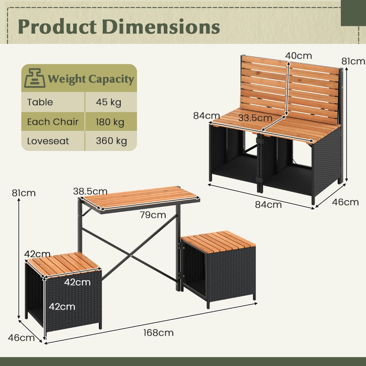 Coast 2-in-1 tuinbank en picknicktafel - omvormbaar balkonmeubel - met opbergruimte - zwart/naturel