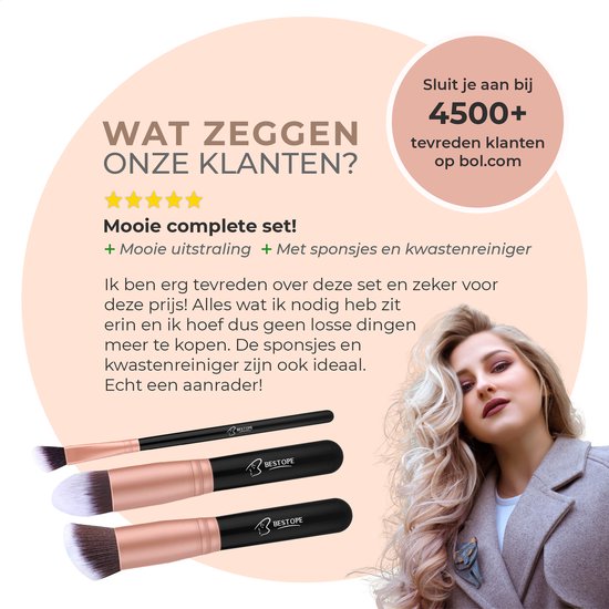 Bestope Make up Kwasten set met Beauty blenders 16 delig - Brush set - Kwasten reiniger - Borstels - Rosé Goud