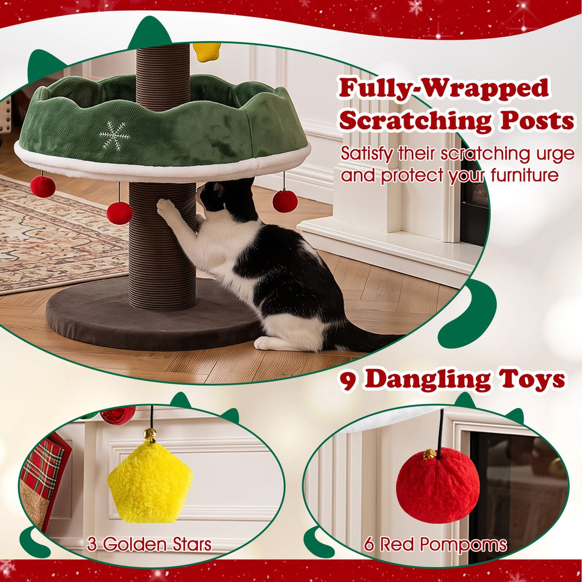 Coast Krabpaal Kattenboom - kerstboomdesign - met bovenste grot en hangende ballen - groen 143 cm