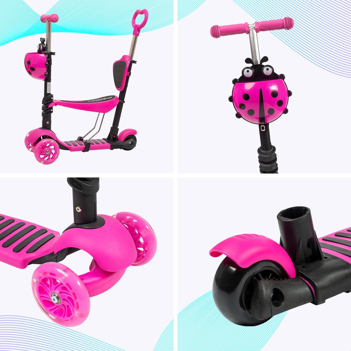 LifeGoods MultiRider - Kinderstep met Duwstang - 3 tot 8 Jaar - Jongens/Meisjes - 2 Lichtgevende Wielen - Roze