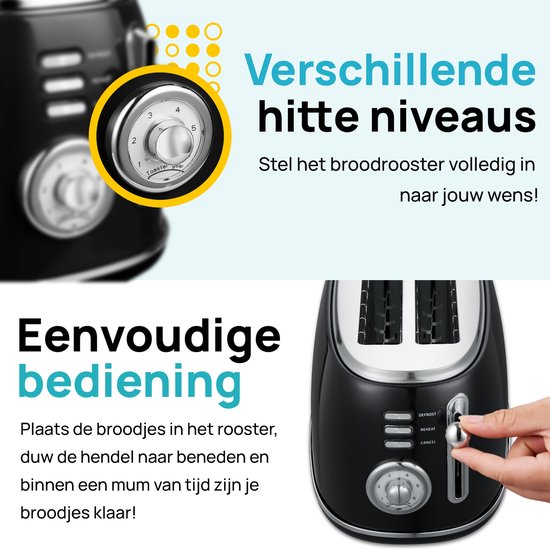 MOA Retro Broodroaster - Toaster voor 4 Sneden - Extra Brede Sleuven - 6 Warmteniveaus - 1500W - Zwart
