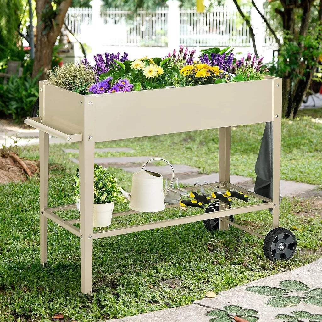 Coast Verhoogde Plantenbak – Metalen Moestuinbak met Onderplank, Wielen en Haken – 95 x 40 x 80 cm