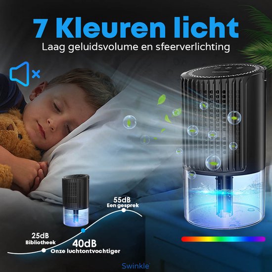 Swinkle Luchtontvochtiger – Tot 0,35 L/dag – Compacte Dehumidifier voor Woonkamer, Slaapkamer & Badkamer – Zwart