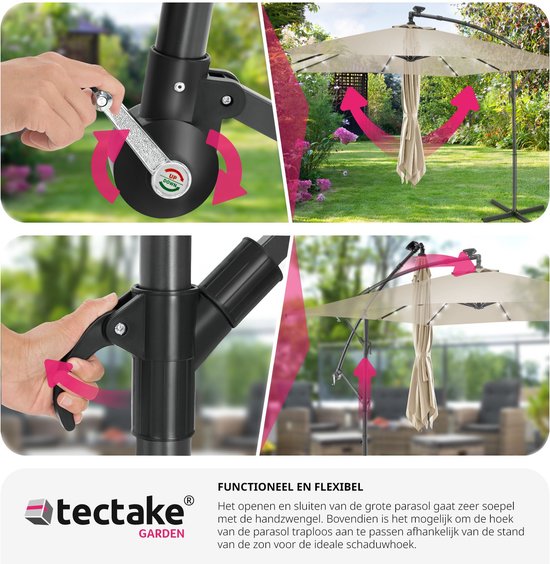 tectake® - Parasol 250cm met Solar Led Verlichting - Parasols - Zweefparasol - Zonneenergie - Incl. zonnepaneel - Tuinverlichting - beige