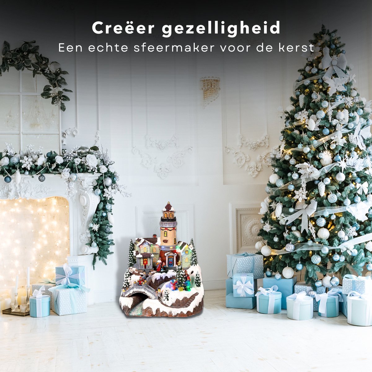 Cheqo kerstdorp met draaiende kerstboom - LED licht - 26x28x35 cm