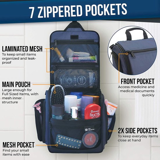 Plugstore - Hanging Toiletry Bag voor mannen en vrouwen, perfecte reiskit voor make-up, toiletries en cosmetica, gratis e-book, blauw (blauw) - HTB-M-B
