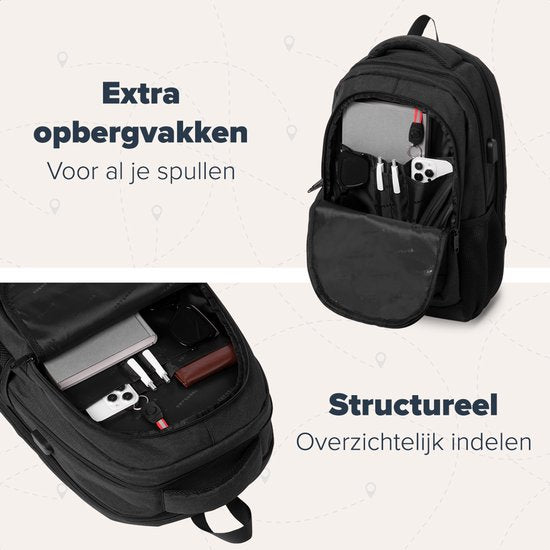 TRVLMORE Rugzak met Levenslange - Rugtas met 15,6 Inch Laptopvak - Schooltas - Spatwaterdicht - Heren en Dames - Jongens en Meisjes - 28L - Zwart