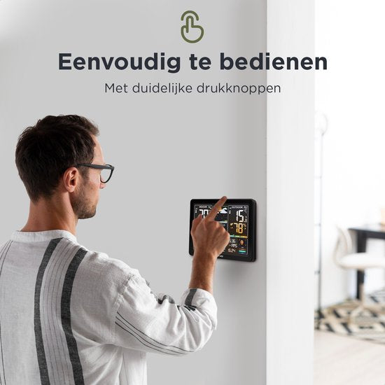 LONQ Weerstation Binnen en Buiten Q5 - Incl. Batterijen - Draadloos Weerstation met Buitensensor - Thermometer Hygrometer - Kleurendisplay - DCF Gestuurde Klok
