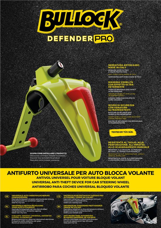 Bullock Defender Pro Stuurslot - Voorkomt tevens diefstal airbag - Opvallende gele kleur - Twee genummerde sleutels - Stuurslot Auto, bestelwagen, camper