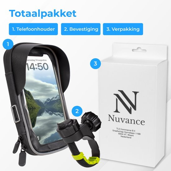 Nuvance - Telefoonhouder Fiets - GSM Houder voor Fiets, Fatbike, Scooter & Motor Stuur - Waterdicht - 360 Graden Rotatie - Fietshouder voor Smartphones