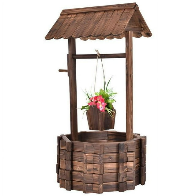 Coast Tuinfontein met Houten Put, Emmer en Bloempot met Dak – Rustiek Design – 43 x 39 x 72 cm – Bruin