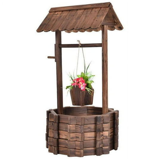 Coast Tuinfontein met Houten Put, Emmer en Bloempot met Dak – Rustiek Design – 43 x 39 x 72 cm – Bruin