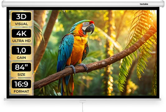 tectake® Beamer Scherm - 84 Inch (214 cm) - 16:9 Projectiescherm - Wand of Plafond Montage - 4K HD - Oprolbaar - Uittrekbaar - Projectiedoek - Presentatiescherm - Home Cinema - Inclusief Montagemateriaal
