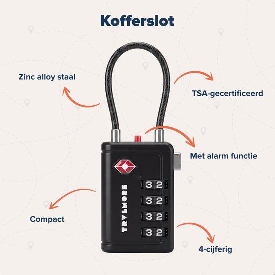 TRVLMORE Kofferslot met Kabel - TSA Gecertificeerd - Alarmfunctie - 4-Cijferig - 2 Stuks - Zwart